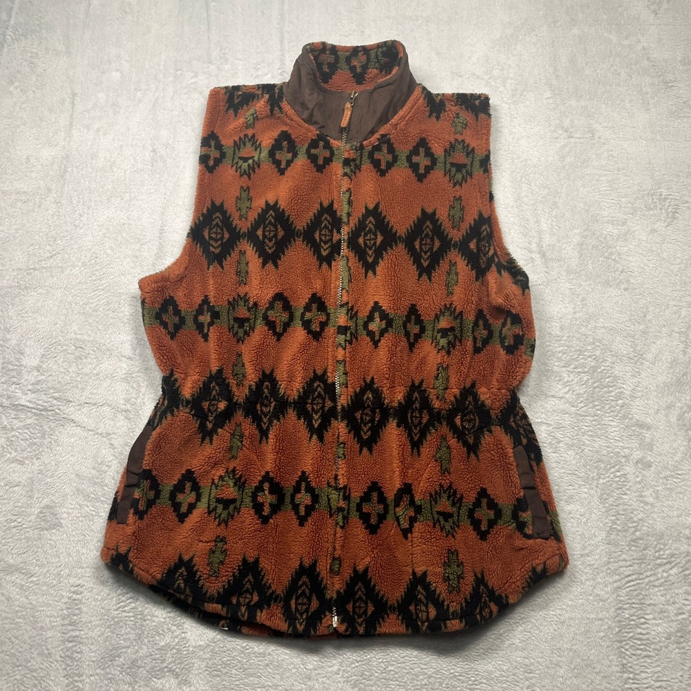 Outback Trading Co Fleece Sherpa Vest Women Orange Southwestern Geometric Zip M